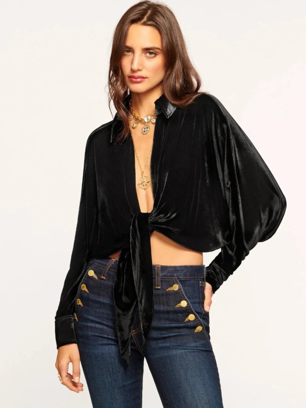 NWT Ramy Brook Silk Velvet Novalee Tie Front Top; Size Large